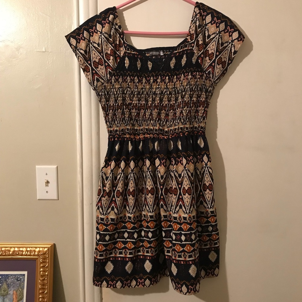 Ruched Bodice Tribal Print Mini Dress